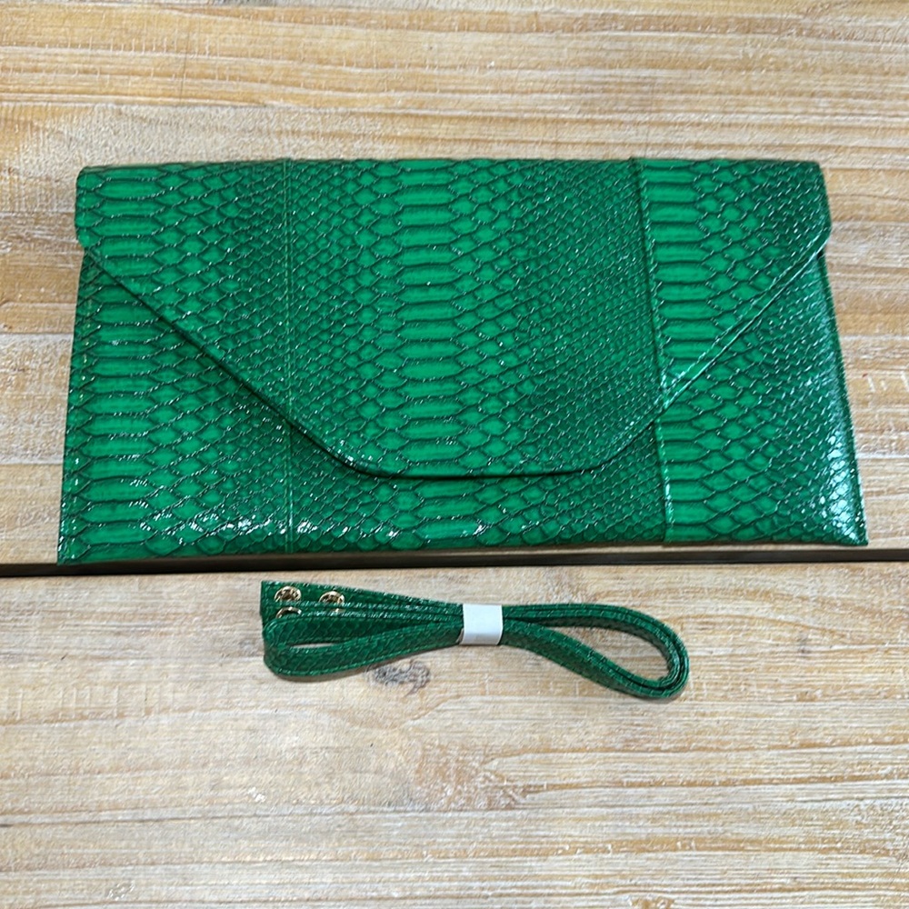 Green Snakeskin Textured Clutch w/ Removable Strap